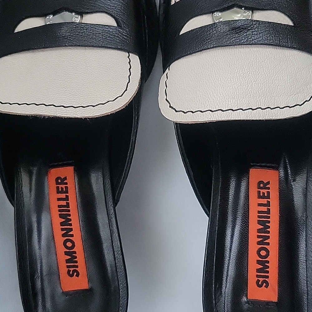 Simon Miller Black and Cream Pointed Penny Leather Mules - Picture 2 of 7